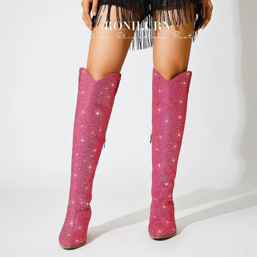 Women Hot-pink Faux Leather Sparkly Bling Rhinestone Over the Knee Cowboy Boots